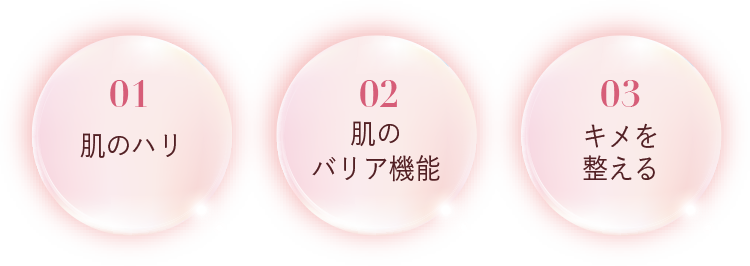01「肌のハリ」、02「肌のバリア機能」、03「キメを整える」